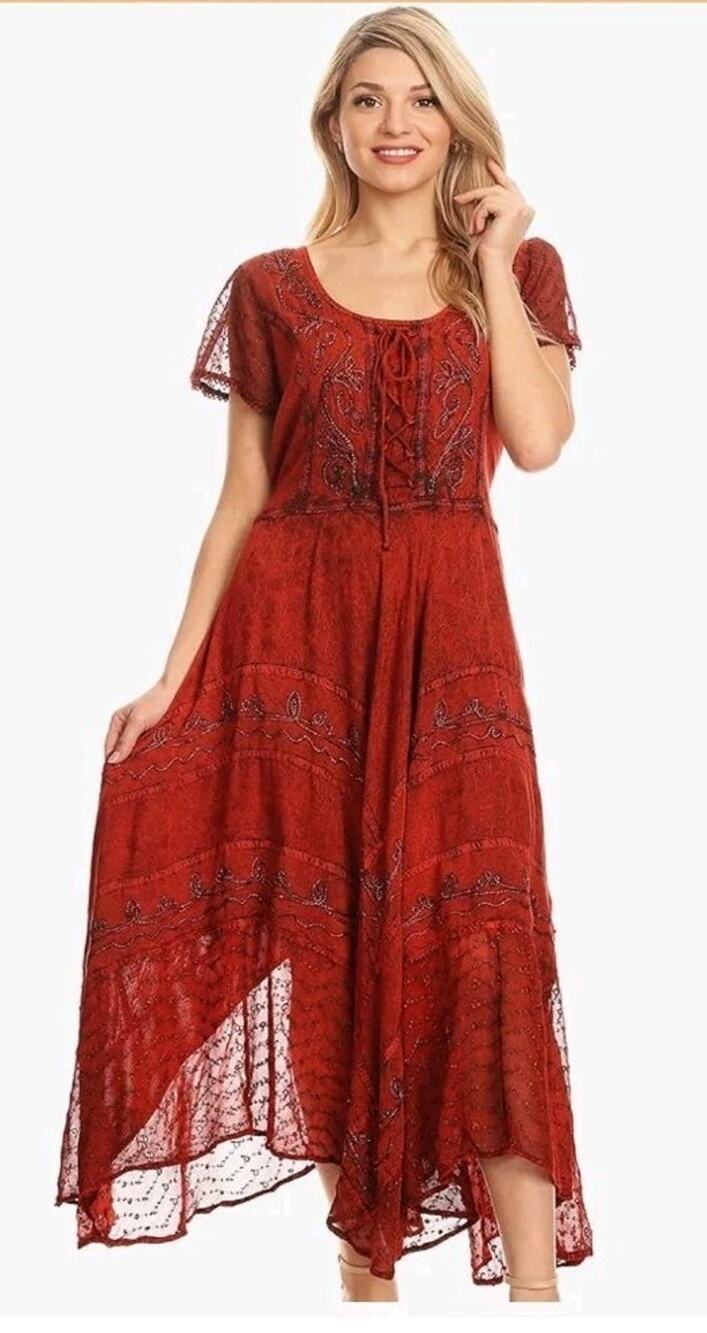 Embroidered Red Dress S/M Corset Front Renaissance Festival Milkmaid Fairy Boho
